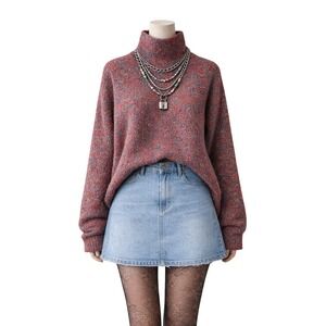 Vintage Slouchy Cropped Rainbow Knit Turtleneck Sweater Chunky Cozy Size M